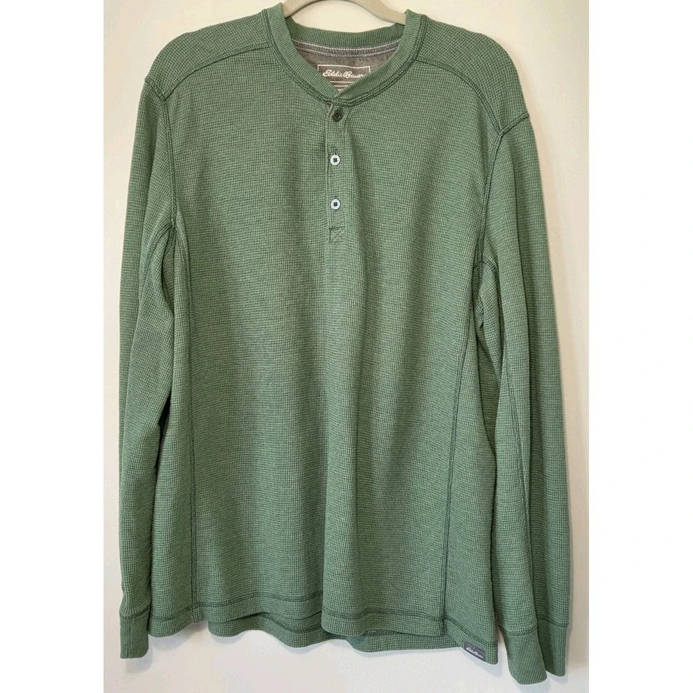 Eddie Bauer Mens Waffle Knit Henley Thermal Shirt Sz Large Green Outdoors Layer